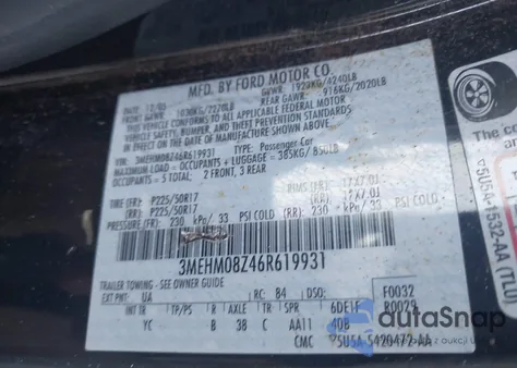 2006 Mercury Milan I4 Premier from USA, damaged, VIN 3MEHM08Z46R619931